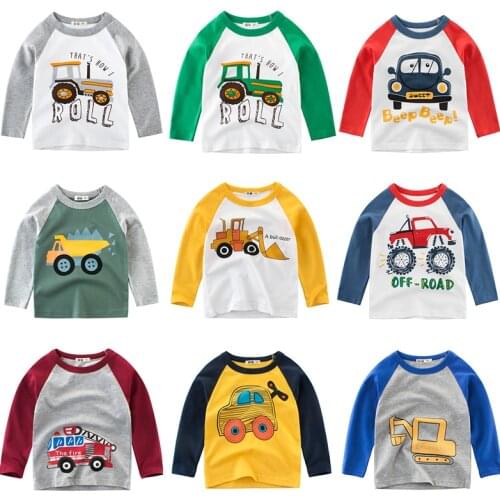 T-Shirts Long-Sleeve Car Machine Autumn Baby Striped Boys Kids Cotton Cartoon Children Print Tops Toddler O Neck Tee T Shirts