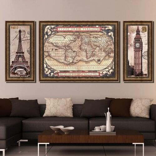 3pcs Art Pictures ancient World Map Paris Eiffel Tower Large HD Modern Home Wall Decor Abstract Canvas Print Oil Painting