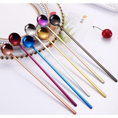Colorful Stainless Steel Long Handle Spoons Creative Korean Cold Drink Ice Cream Coffee Tea Stir Spoon Bar Tool Kitchen Supplies