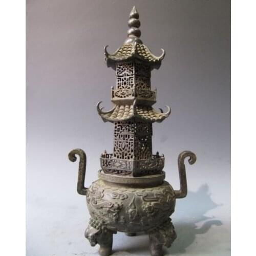Song voge gem S0551 17"Chinese Buddhism Pure Copper Bronze Dragon Tower stupa incense burner censer
