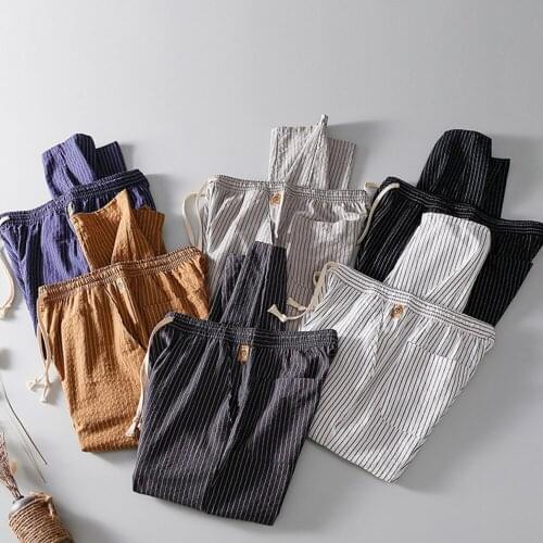 Drawstring Linen Jogging Pants Men Summer White Striped Casual Trousers Loose Straight Joggers Gray Sport Japanese Streetwear