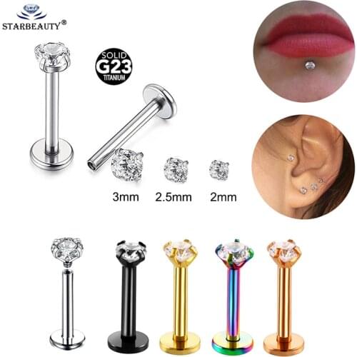1Pc G23 Anodized Titanium Helix Flat Back Tragus Internally Thread Triple Prong Set Anodized piercing Cartilage Earring Studs