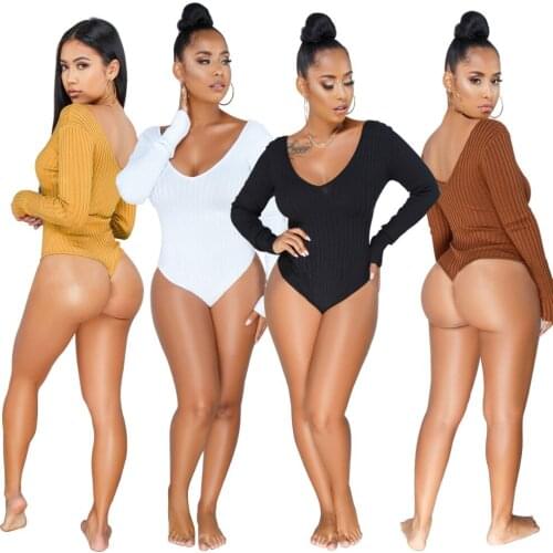 S-XXXL Autumn/Winter Bodysuits women Lady sexy Rib Full Sleeve Knitted V-Neck beach Playsuits Bandage jumpsuits rompers WY6502