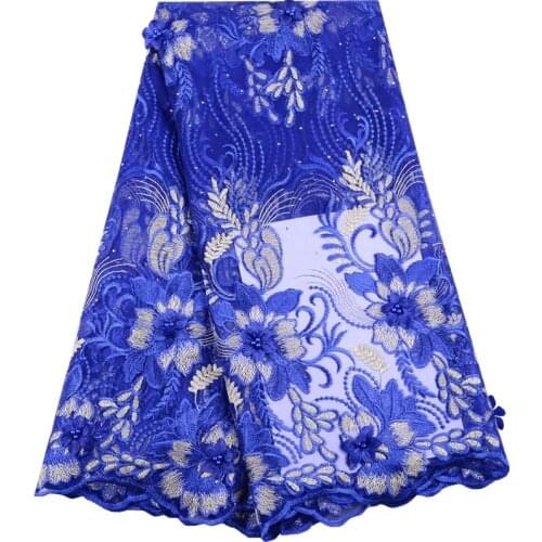 Blue Color High Quality African Lace Fabric 3D Flowers With Beaded Tulle Lace Fabric New Design Nigerian Tulle Lace Fabric F1475