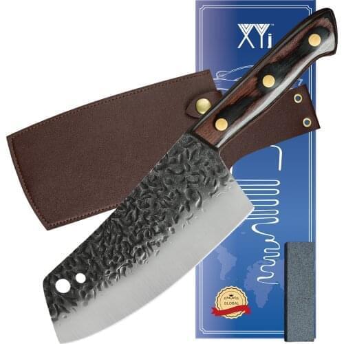 XYJ 7 Inch Full Tang Vegetable Meat Cleaver Knife With Sheath Hammer Finish Fish Chopping Knife With Whetstone Gift Box