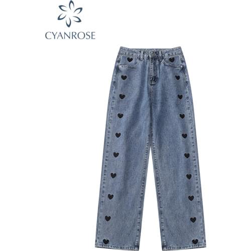 2021 New Wide Leg Jeans Women Love Printing Vintage Harajuku Loose Casual Denim Pants Spring Street High Waist Woman Trousers