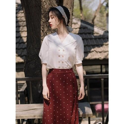2019 new fashion womens two piece set Summer dress French retro suit white shirt + skirt France