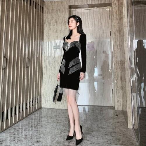 Famous Brand Winter Autumn Dresses for Women 2020 Long Sleeve Black Velvet Dress Ladies with Tassel Sheath Vintage Women Dresses