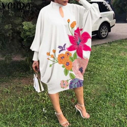 Women Summer Dress 2021 VONDA Beach Sundress Vintage Long Sleeve Lapel Neck Party Vestidos Robe