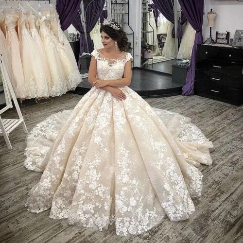 Thinyfull Luxury Cap Sleeve Wedding Dresses Scoop A Line Bride Dresses Tulle Court Train Lace Appliques Vestido De Novia 2020