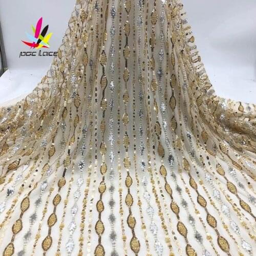Gold Beads Embroided Sequins Lace Fabric Bridal Sequence Embroidery Elegant African Nigerian Latest Design Style High End
