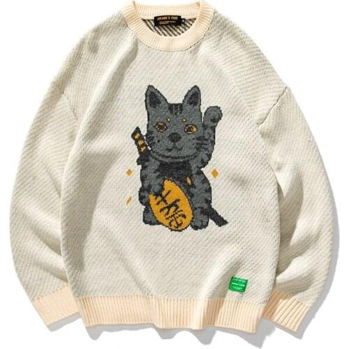 2021 Pullover Mens O-neck Wool Sweater Young Mens Cartoon Cat Harajuku Winter Knitted Sweater Couples Clothes Pullover