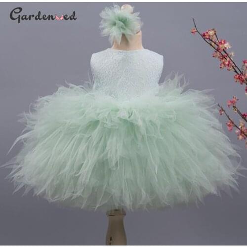 Gardenwed Mint Green Girl Dress Lace Puffy Flower Girl Dress with Head Hair Above Knee Cute Princess Dress Wedding Party Dress