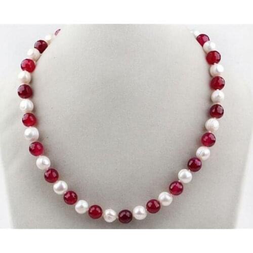 Long 18 inches 7-8mm Real Natural White Pearl & Red jade Round Beads Necklace