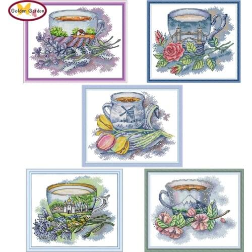 GG Countries Teacup Handmade Craft Needlework Cross Stitch Set Embroidery Kit Printed Design Cross Stitching sets for Home Decor