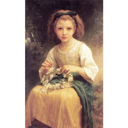 Portrait Art Girl Oil Painting on Canvas Bouguereau Child Braiding a Crown Young Girl in Forest Handpainted High Quality