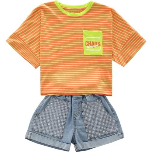 Girls summer new fashionable suit Girls Striped T-shirt Denim Shorts Set Girls cotton T-shirt denim shorts fashionable suit