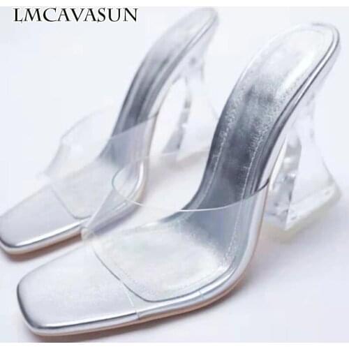 LMCAVASUN New womens shoes high heel sandals with transparent thick heel sandals silver plastic square toe high heels