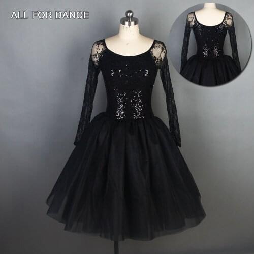 New Black Sequin Top Dance Wear Long Sleeves Lace Ballet Dance Dress Ballerina Dance Skirt