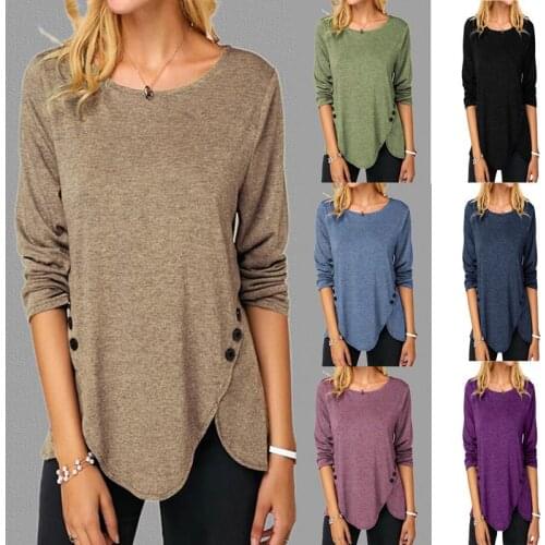 2020 fall hot style irregular button hem long sleeve round neck plus size T-shirt student fashion women