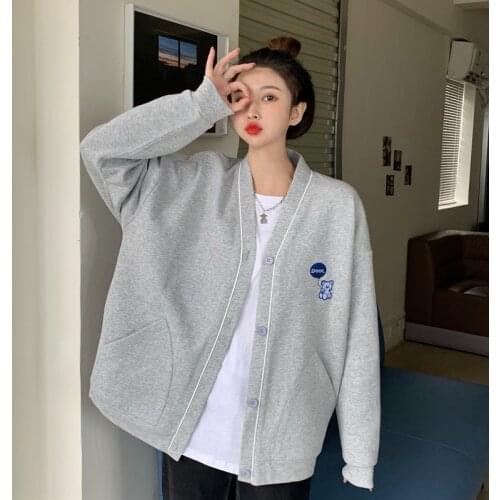Autumn 2021 Korean College Style Bear Embroidery Sweatershirt Women Loose V-Neck Button Pocket Cardigan Female Baseball Uniform