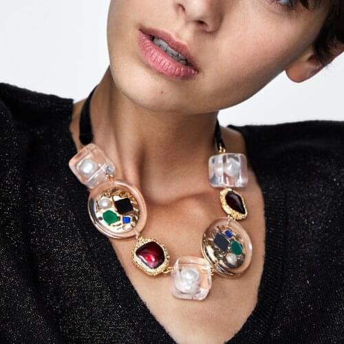 ZA Transparent Metal Strand Necklaces For Women Bohemian Multicolored Pendant Statement Necklaces Gifts Hot Jewelry UKEN