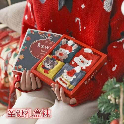 Christmas Gift Box Socks Womens Stockings Korean Cute Cotton Line Big Red Sox This Year Socks Korean Version 4pcs/set Stockings