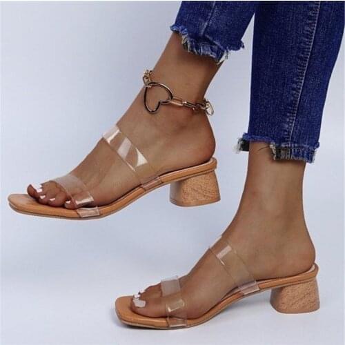 Summer High Heels Woman Transparent Belt Non-Slip Sandals Ladies Sexy Square Toe Lightweight Beach Slippers Zapatillas De Mujer
