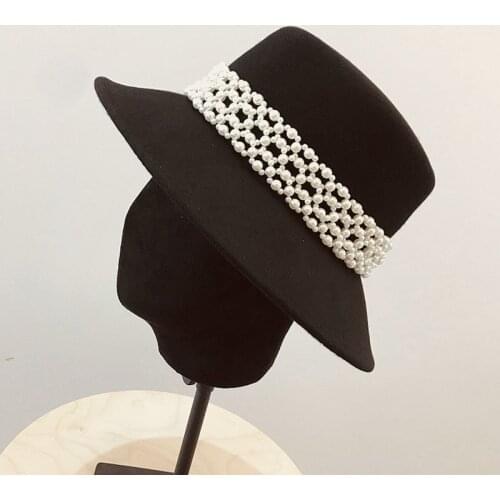 Clssical Handmade Pearls Band Wool Hats Warm Wide Brim Dress Church Hats Cloche Women Hats Lady Winter Fedoras White Black Camel