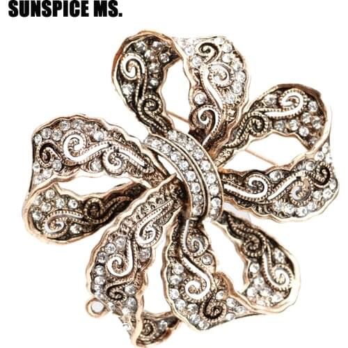 Vintage Turkish Hollow Flower Bow Brooch Pins For Women Antique Gold Color Relief Ethnic Corsage Abaya Broches Jewelry Gift 2018