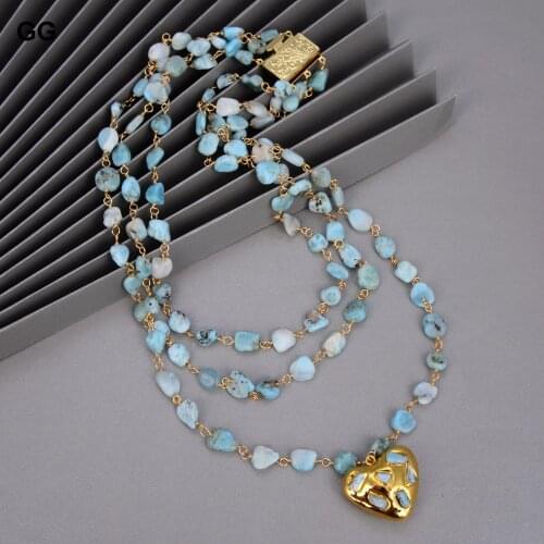 GuaiGuai Jewelry 3Strands Natural Blue Larimars Rosary Chain Necklace Heart-Shaped Larimar Pendant Statement Necklace For Women