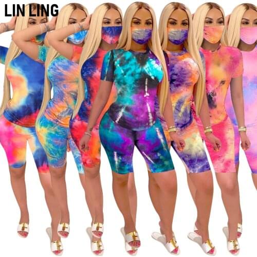 LINLING Fashion Trend Womens Tie Dyed Round Neck Pullover Personalized Leisure Sports Shorts Slim Overall Suit
