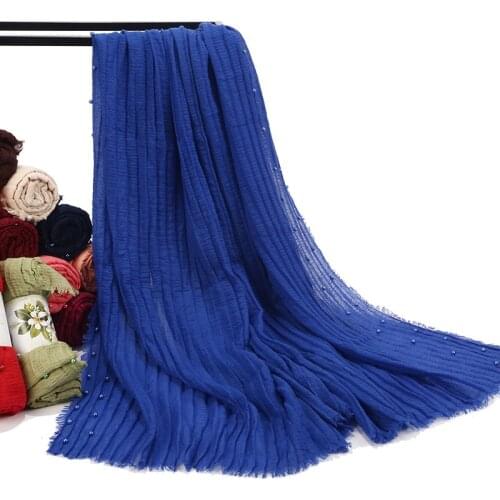 65*175CM crinkle scarf with pearls for women soft cotton rippled shawls and wraps foulard femme musulman islamic head scarves