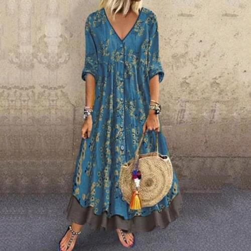 2021 New Fashion Oversized Womens Floral Sundress Boho Printed Summer Casual Dress Short Sleeve Maxi Vestidos Female Robe Femme