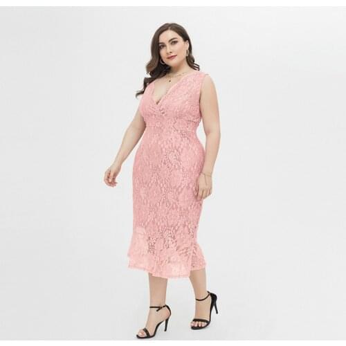 Plus Size Dress Women Summer 2021 Sweet Elegant Sexy Slim Lace Pink Print Pattern Calf Length Sleeveless Large Size Dress 4XL