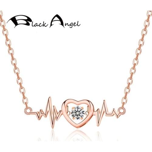 BLACK ANGEL Fashion Electrocardiogram Necklace For Women Heartbeat Jumping Heart Pendant Jewelry Valentines Day Girlfriend Gift