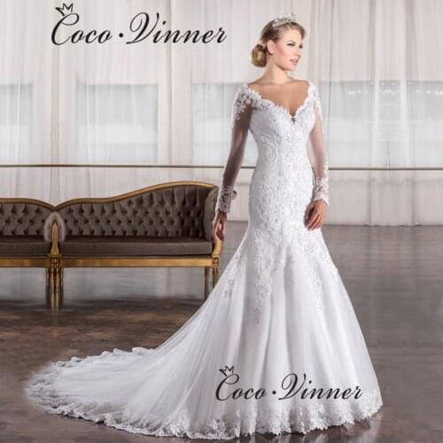 Vestido De Noiva Vintage Lace Mermaid Wedding Dress Long Sleeve Appliques beaded China Gowns Vestido de Casamento W0034