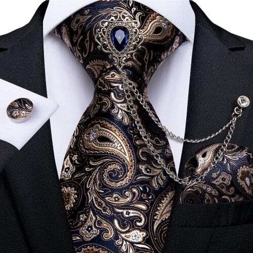 2020 New Design Fashion Mens Tie Brooch Set Luxury Paisley Silk Tie Handkerchief Cufflinks Set Wedding Party Necktie DiBanGu