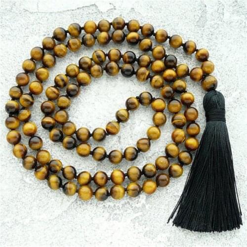 8mm Tiger Eye stone 108 Beads Gemstone Mala Tassel Necklace Japa Retro Religious