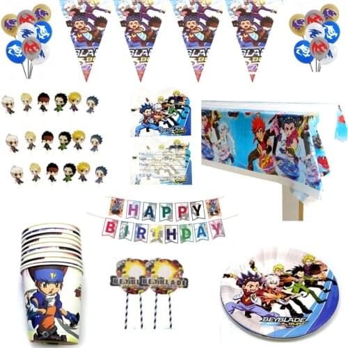 97pcs/lot Birthday Party Beyblade Burst Plates Cups Cake Toppers Flags Latex Balloon Tablecloth Invitation Cards Hanging Banner