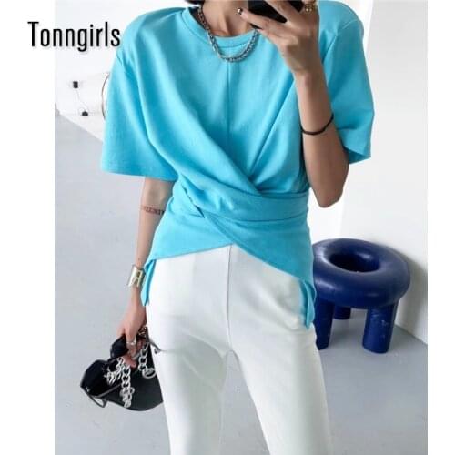 Tonngirls Designed Womens T-shirt Korean Style 2021 Summer Tops Streetwear Split T Shirt Women Clothes Tee Shirt Femme