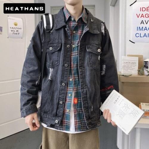 Denim Jacket Mens Korean Hole Handsome Loose Jean Jacket For Male Autumn Winter Black Outerwear Casual Denim Jacket Men Clothes