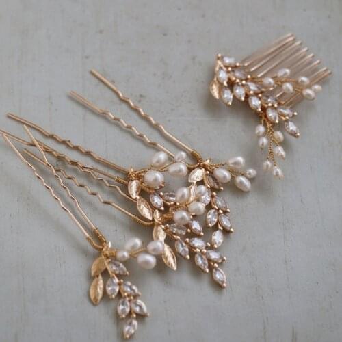 SLBRIDAL Handmade Copper Zircon Freshwater Pearls Bridal Hair Comb Hair Pin Wedding Headpieces Women Jewelry Hair Accessories