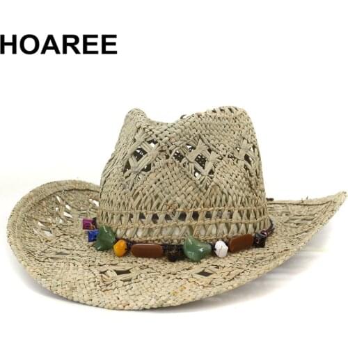 HOAREE Cowboy Hat Summer Straw Womens Hats Handmade Sun Hat for Men Cowgirl False Gem Decoration Casual Beach Cap Panama
