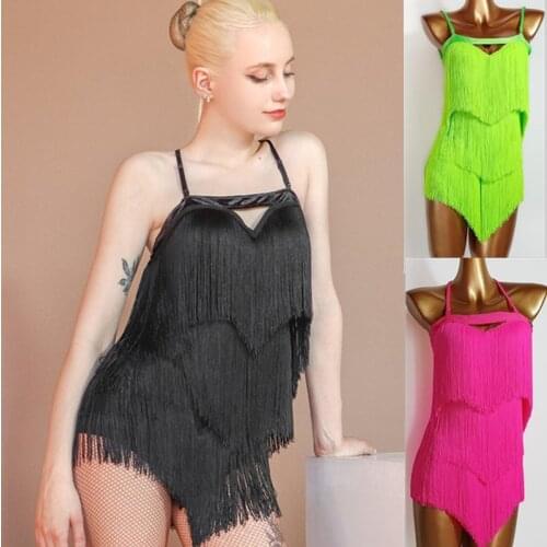 Fringe latin dress salsa samba cha cha dress black neon pink neon green 745