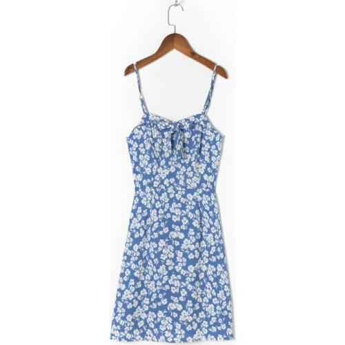 Summer Womens Casual Flower Printed Bowknot Decorated Slim Sling Dress