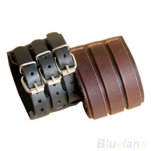 HOT SALES!!! Men Fashion Multilayer Belt Faux Leather Bracelet 3 Buckles Wristband Cuff Bangle cool 2 layers belt faux leather