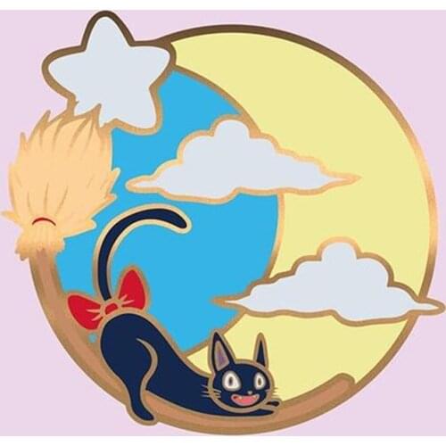 Cute Black Cat Jiji Hard Enamel Pin Kawaii Moon Flying Broom Kitty Medal Brooch Anime Movie Fans Badge Halloween Jewelry Gift