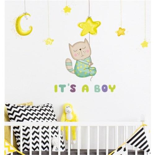 Cartoon Kitten Wall Stickers for Kids Bedroom Wallpaper Mural Boys Rooms Decoration Moon Star DIY Nursery Wall Decals Home Decor