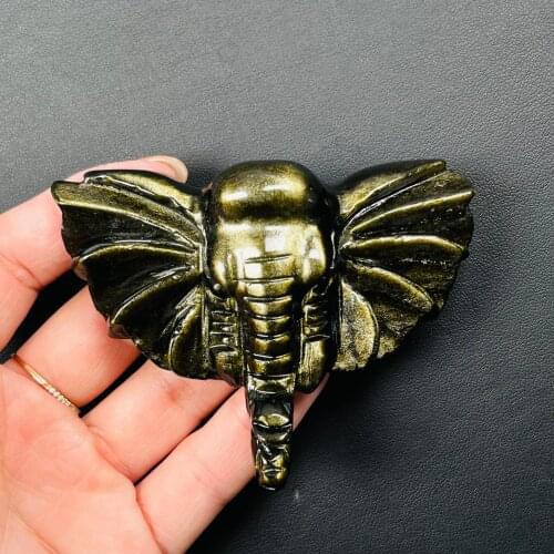 Natural Gold Obsidian Crystal Hand Carved Elephant Gemstones Home Decor
